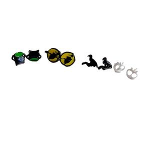 Four Pair Silver Tone Black Orange White Enamel Halloween Earring Studs